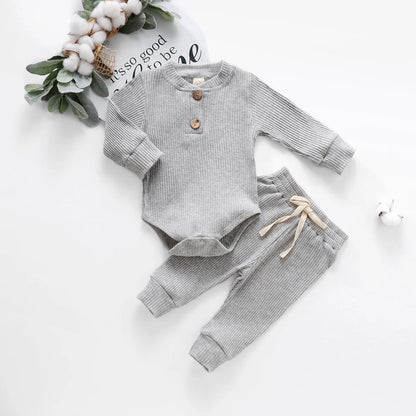 Infant Newborn Baby Girl Boy Spring Autumn Ribbed/Plaid Solid Clothes Sets Long Sleeve Bodysuits + Elastic Pants 2Pcs Outfits